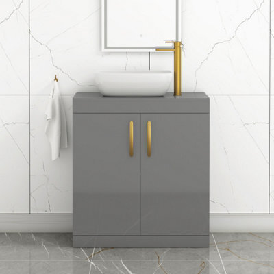 Royal Bathrooms Turin 800mm Floor Standing Vanity Unit 2 Door Indigo Grey Gloss & Countertop Basin - Elva With Brushed Brass Handle - image 1