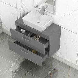 Royal Bathrooms 800mm Wall Hung Vanity Unit 2 Drawer Indigo Grey Gloss & Cube Countertop Basin - thumbnail 1