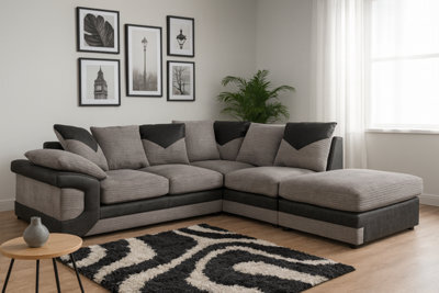 Eco Living Luca L Shape Corner Grey Jumbo Cord Sofa With A Modern Black Leather Trim - Right Hand Facing Chaise