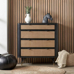 Pacific Lifestyle Fiji Black Chest Of Drawers Acacia Wood And Natural Rattan 4 Drawer Unit