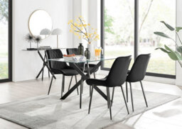 Furniturebox Leonardo 4 Seater Rectangular Glass Dining Table With Silver Metal Legs & 4 Black Pesaro Velvet Black Leg Chairs