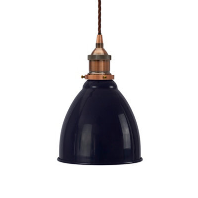 Navy Blue Classic Small Pantry Metal Painted Dome Pendant Light With Antique Copper Lamp Holder And Brown Twisted Cable - Se Home
