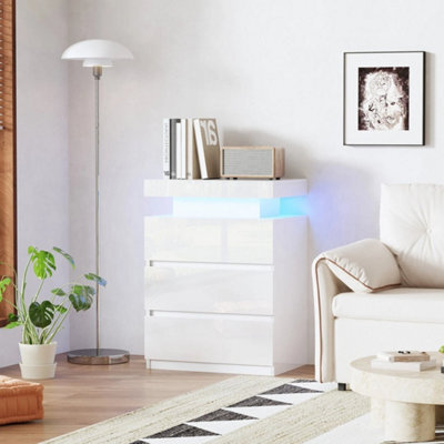 3 Drawer White High Gloss Bedside Table Cabinet Led Rgb Light Storage - image 1