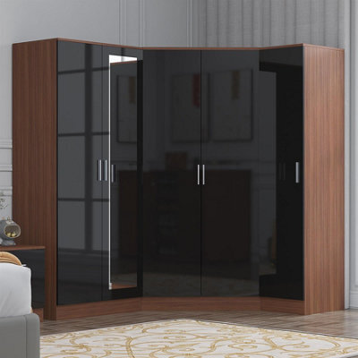 Reflect 3Pc Wardrobe Bundle - 2 Door Corner + 2 Door Mirror + 1 Door Plain - Black Gloss & Walnut - H: 180Cm X W: 179Cm - image 1