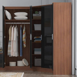 Reflect 3Pc Wardrobe Bundle - 2 Door Corner + 2 Door Mirror + 1 Door Plain - Black Gloss & Walnut - H: 180Cm X W: 179Cm - thumbnail 4