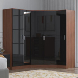 Reflect 3Pc Wardrobe Bundle - 2 Door Corner + 2 Door Mirror + 1 Door Plain - Black Gloss & Walnut - H: 180Cm X W: 179Cm - thumbnail 1