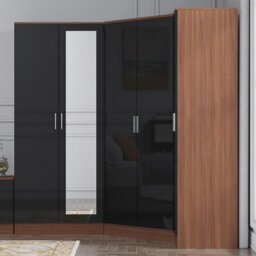 Reflect 3Pc Wardrobe Bundle - 2 Door Corner + 2 Door Mirror + 1 Door Plain - Black Gloss & Walnut - H: 180Cm X W: 179Cm - thumbnail 3