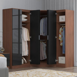 Reflect 3Pc Wardrobe Bundle - 2 Door Corner + 2 Door Mirror + 1 Door Plain - Black Gloss & Walnut - H: 180Cm X W: 179Cm - thumbnail 2