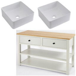 Homestylestore 1215mm Antique White And Oak Bathroom Vanity Unit With Square Countertop Basins And Black Round Handles - thumbnail 1