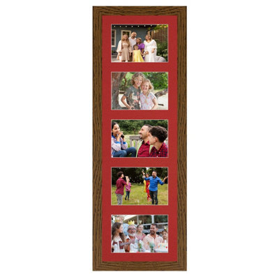 AK Frames 26X8 Dark Oak Modern Multi Photo Frame With Crimson Mount - Holds 5 Apertures (5X) 6X4 Photos - image 1