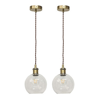 First Choice Lighting Set Of 2 Barnum - Clear Glass Globe Antique Brass Retro Pendants - image 1