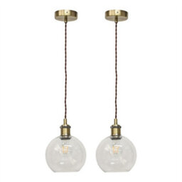 First Choice Lighting Set Of 2 Barnum - Clear Glass Globe Antique Brass Retro Pendants - thumbnail 1