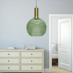 First Choice Lighting Betchley - Green Ribbed Glass Globe Satin Brass Deco Pendant Fitting - thumbnail 4