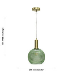 First Choice Lighting Betchley - Green Ribbed Glass Globe Satin Brass Deco Pendant Fitting - thumbnail 5