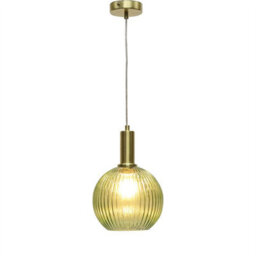 First Choice Lighting Betchley - Green Ribbed Glass Globe Satin Brass Deco Pendant Fitting - thumbnail 2