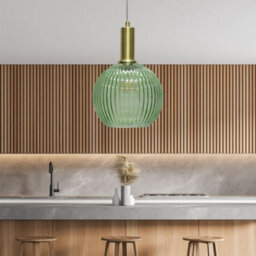 First Choice Lighting Betchley - Green Ribbed Glass Globe Satin Brass Deco Pendant Fitting - thumbnail 3