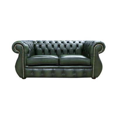 Chesterfield Original 2 Seater Sofa Antique Green Real Leather In Kimberley Style - image 1