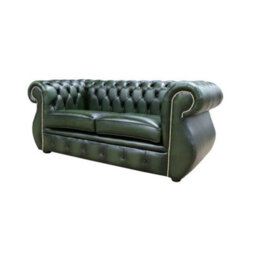 Chesterfield Original 2 Seater Sofa Antique Green Real Leather In Kimberley Style - thumbnail 3