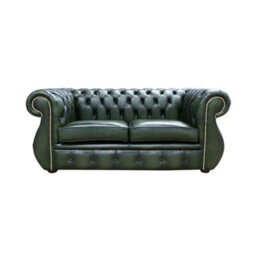 Chesterfield Original 2 Seater Sofa Antique Green Real Leather In Kimberley Style - thumbnail 1