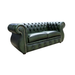 Chesterfield Original 2 Seater Sofa Antique Green Real Leather In Kimberley Style - thumbnail 2