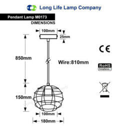 Long Life Lamps Company Wire Cage Globe Black Metal Pendant Light M0173 - thumbnail 2