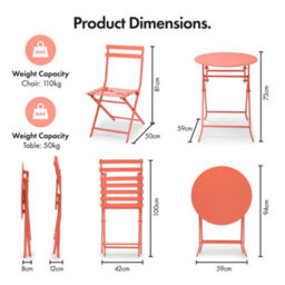 Vonhaus Folding Bistro Set For 2, Coral Garden Table & Chairs, Weather Resistant Steel Frame For Outdoors, Balcony And Patio - thumbnail 7