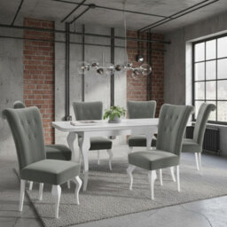 Extendable Dining Table And 6 Chairs Wood Mdf Hdf Chipboard Lara 140 To180X80X75Cm White Oak Finish White And Grey - thumbnail 1