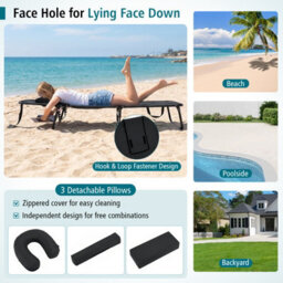 Gainoom Folding Beach Black Sun Lounger Adjustable Face Down Tanning Chair Portable Outdoor Sunbathing Recliner - thumbnail 4