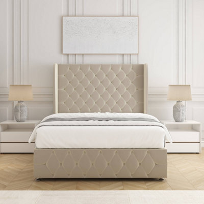 Bsspoke Faye Divan Bed Set Cream Plush Velvet 54Inch Wingedback Headboard & Footboard & Mattress No Drawers In All Sizes - image 1