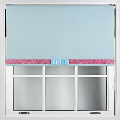 Furnished Duck Egg Blue Blackout Roller Blind With Decorative Pink Glitter & Duck Egg Bow - Trimmable (W)75Cm X (L)210Cm - image 1