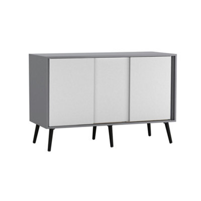 Urbn-Living Urbnliving 3-Door Sliding Cabinet Sideboard Grey Carcass With White Doors Storage Organiser Home Cupboard Black Wooden Legs - image 1
