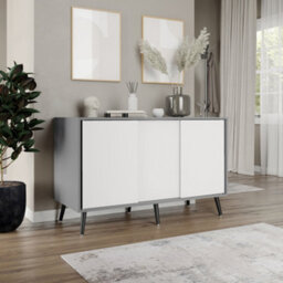 Urbn-Living Urbnliving 3-Door Sliding Cabinet Sideboard Grey Carcass With White Doors Storage Organiser Home Cupboard Black Wooden Legs - thumbnail 3