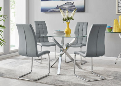 Furniturebox Selina Chrome Round Square Leg Glass Dining Table And 4 Elephant Grey Murano Chairs Set - image 1
