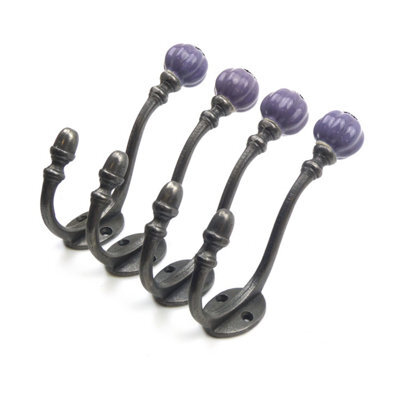 Oakcrafts - Ceramic Tipped Shabby Chic Cast Iron Coat Hook 125mm (Purple) - Pack Of 4 Hooks