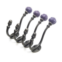 Oakcrafts - Ceramic Tipped Shabby Chic Cast Iron Coat Hook 125mm (Purple) - Pack Of 4 Hooks