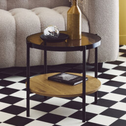 Sweeek - Round Side Table With Tempered Glass And Wood Effect Smooky Natural 52X52X45 Cm