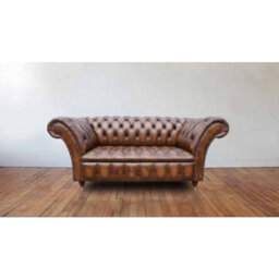 Chesterfield 2 Seater Antique Tan Leather Button Seat Sofa Settee In Balmoral Style - thumbnail 1