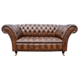 Chesterfield 2 Seater Antique Tan Leather Button Seat Sofa Settee In Balmoral Style - thumbnail 2