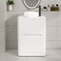 Royal Bathrooms Venice 600mm Gloss White Freestanding Bathroom Countertop Vanity Unit 2 Drawer With Milan Basin - thumbnail 1