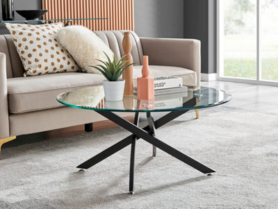 Furniturebox Novara Round Glass Coffee Table With Angled Starburst Black Metal Legs For Modern Industrial Minimalist Living Room - image 1