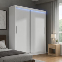 Bega I 180 Sliding Wardrobe With Hanging Rail And Shelves White With Led Lights - thumbnail 1