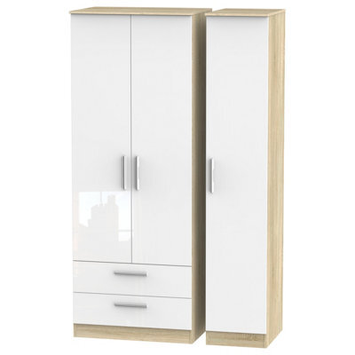 Trent Tall Triple 2 Drawer Wardrobe In White Gloss & Bardolino Oak (Ready Assembled) - image 1