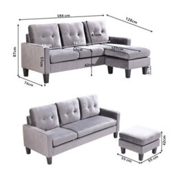 Kosy Koala Corner Sofa Fabric Sectional Sofa With Ottoman L-Shaped Black Sofa Couch Reversible 3-Seater - thumbnail 8