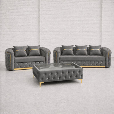 Ambassador Chesterfield Sofa Grey 3 Plus 2 Full Set