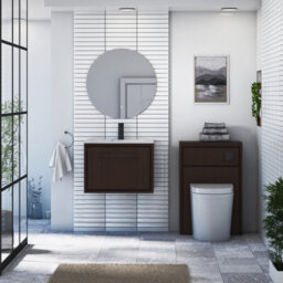 Royal Bathrooms Livora 600mm Walnut Woodgrain Wall Hung Vanity Unit 1 Drawer With Carrara White Basin & Matt Black Handle - thumbnail 3