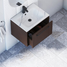 Royal Bathrooms Livora 600mm Walnut Woodgrain Wall Hung Vanity Unit 1 Drawer With Carrara White Basin & Matt Black Handle - thumbnail 4