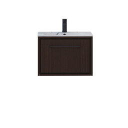 Royal Bathrooms Livora 600mm Walnut Woodgrain Wall Hung Vanity Unit 1 Drawer With Carrara White Basin & Matt Black Handle - thumbnail 5
