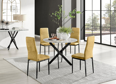 Furniturebox Uk Novara White Marble Black Leg Round Dining Table & 4 Mustard Velvet Milan Black Leg Chairs - image 1