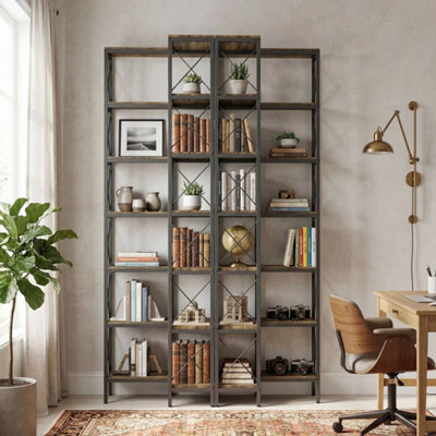 L-Shaped Bookshelf, 6-Tier Bookcase With Metal Frame, Rustic Brown - image 1