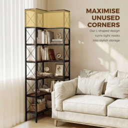 L-Shaped Bookshelf, 6-Tier Bookcase With Metal Frame, Rustic Brown - thumbnail 6